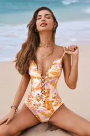Cupshe Good Technique Watercolor Tummy Control One-Piece Swimsuit - Melon,M