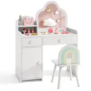 Costway 2-in-1 Mirror Vanity Set w/Detachable Top Storage Drawers & Cabinet Princess Makeup Table Stool White