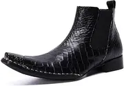[Generic] Metal Pointed Toe Business Work Boot for Men Ankle BootGenuine Leather Pull On Chelsea Elastic Band Block Heel Men's Leather Shoes