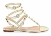Valentino Rockstud P18 Gold Leather Triple Ankle Strap Gladiator Flat Sandal 35