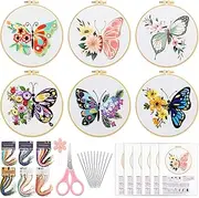 XunYee 6 Set Butterfly Embroidery Kit Butterfly & Flower Cross Stitch Set Embroidery Kits for Adults with Patterns Instructions Embroidery Hoops Threads Needles Scissor Needle Threader for Beginners