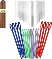 ZXUY Sewing Needles, 30 Pieces Self Threading with Wooden Needle Case+16 Pieces Plastic Colourful Large Eye Craft Knitting Needles for DIY Sewing Handmade Crafts