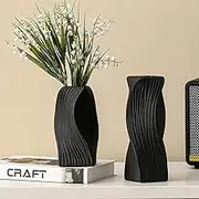 Black Vases Home Decor Set of 2, Rustic Texture Ceramic Vase, Farmhouse Centerpiece Decorative Vase for Living Dining Room Bookshelf Mantle Entryway Coffee Table Decor