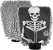 XYMZR Skeleton Read Book Funny Absorbent Microfiber Car Wash Mitt, Funny Cute Anime Scratch Free for Cars Cleaning, Home Cleaning Mitts, 2 Pack, 10.24” L x 7.09” W