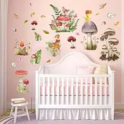 PinkEleph Woodland Mushroom Wall Stickers - Fairy Forest Grass Floral Wall Decals - Girls Baby Kids Bedroom Living Room Kitchen Home Wall Decor