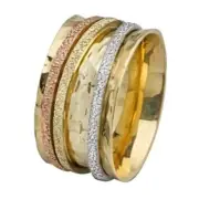 Wedding Ring In 14K Tricolor Gold Florentine Spinner Stardust Finish Jewelry