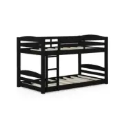 Dorel Living Floor Bunk Bed Wood Frame Black Twin-Over-Twin w/ Built-In Ladder