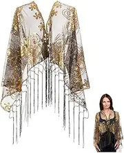 CABODYALS Black Sequin Shawls and Wraps 1920s Gold Sequins Beaded Shawl Wrap Long Womens Fringe Tassel Sheer Flapper Polyester Evening Scarf for Women Formal Party Wedding Dress Bridal Accessories