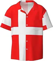 [CADREWY] Denmark Danish Flag Print Men's Lightweight Stylish Classic Cuban Collar Style Short Sleeve Practical Pocket