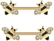 [Niaspi] 14G CZ Bee Nipple Rings for Women Stainless Steel Gold Plated Crystal Bumblebee Nipple Studs Barbell Hypoallergenic Dainty Body Piercing Jewelry, One Size, Stainless Steel, No Gemstone