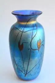 Blue Luster Vase With Red Heart Design. Blown Glass
