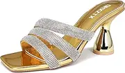 [OHXZTX] Women's Rhinestone Square Heeled Sandals Slip On Peep Toe Chunky Block Kitten High Heels Mules Slippers Slides Fashion Wedding Dress Backless Pump Shoes