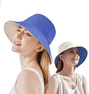 [OZ SMART SUN PROTECTION] Reversible Bucket Hat for Women, Silky Sun Hats for Summer/Spring, Wide Brim UPF 50 UV Protection Boonie with Chin Strap for Camping Fishing, Hiking, Sun Beach (Blue/Beige)