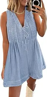 [Caracilia] Women Denim Romper 2025 Summer Casual V Neck Tie Front Sleeveless Jean Jumpsuits Short Overalls with Pockets