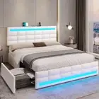 Queen Bed Frame with Drawers, LED Bed Frame with Charging Station, Pu Leather Pl