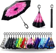 [Lavvaco] Double Layer Reversible Golf Umbrella With Carry-Case - Inverted Blunt Umbrella for Men and Women - UV Protection Umbrella Windproof with C-Shaped Handle - Rain umbrellas Outdoor (Flower #3)