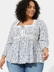 Womens Torrid Babydoll Rayon Slub Lace Trim Long Sleeve Top Size 1 14-16 NWT
