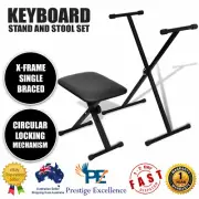 Adjustable Keyboard Stand and Stool Set X-frame Single Braced Black Steel Holder
