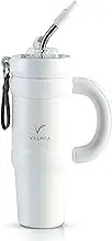 V ALPHA Travel Mug - Stainless Steel Double-Wall Insulated Tumbler with Handle and Straw for Hot & Cold Drinks - Leakproof Push-Lid Tumbler with Lid and Straw for Travel, Work, Outdoor (Snow White)