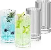 16oz Vintage Ribbed Glassware Set, Drinking Glasses Set of 4, Cocktail Glasses, Elegant Tom Collins Glasses, Highball Ribbed Glasses Ideal for Water, Iced Coffee, Juice, Beer, Milk