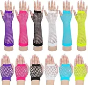 [SATINIOR] 12 Pairs 80s 90s Fishnet Mesh Gloves for Women Kids Neon Fingerless Glove for Cosplay Costumes Accessories