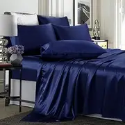 TREELY 6 Piece Queen Size Silky Smooth Navy Blue Satin Sheet Set with Deep Pocket, Fitted Sheet, Flat Sheet, 4 Pillowcases