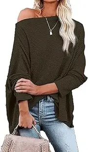[Valtorixia] Women's Waffle Knit Off The Shoulder Tops Casual Off Shoulder Sweater Batwing Oversized Sweaters (Army Green,XX-Large)