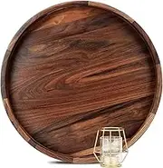 MAGIGO 18 Inches Extra Large Round Black Walnut Wood Ottoman Tray with Handles, Serve Tea, Coffee or Breakfast in Bed, Classic Circular Wooden Decorative Serving Tray