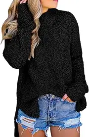[Imily Bela] Womens Fuzzy Knitted Sweater Sherpa Fleece Side Slit Full Sleeve Jumper Outwears