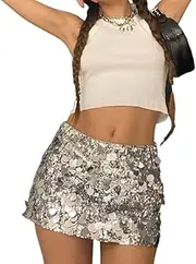 [DSORVICD] Women’s Y2k Sexy Sequin Skirt Sparkly Bodycon Mini Skirts Night Out Party Club Shiny Glitter Wrap Skirt Rave Costume