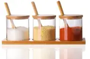 Set of 3 Seasoning Box Condiment Jars Sugar Spice Bowls w/ Lid, Spoons, and Tray