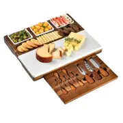 Wood - Marble Cheese Board Set with 3 Ceramic Bowls - Stainless Steel Cutlery...