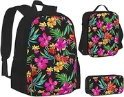 [ERCgad] Hawaiian Flower Print Canvas 3-In-1 School Bags Set Backpack Lunch Bag Pencil Case Combo For Men Women, Black, One Size