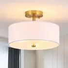 3-Light Gold Semi Flush Mount Ceiling Light,12" Drum Light with White Fabric Sha