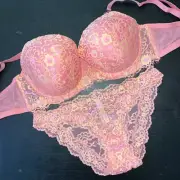 Victoria's Secret 38DD BRA SET L,XL panty ORANGE cocktail pink crossdye lace