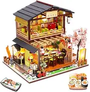 Spilay DIY Dollhouse Miniature with Wooden Furniture,Handmade Japanese Style Home Craft Model Mini Kit with Dust Cover & Music Box,1:24 3D Creative Doll House Toy for Adult Teenager Gift (Gibon Sushi)