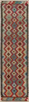 Geometric Wool Kilim Oriental 13' Runner Rug Flat-weave 3x13 for Hallway