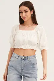 White Crop Top Puff Sleeve Frill Edge - Size 12, Women's Crop Top