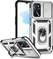 Case for Oppo A16/A16S/A54S, Rugged Shockproof Cover with 360° Rotatable Magnetic Kickstand and Slide Camera Lens Cover Case for Oppo A16/A16S/A54S-Silver