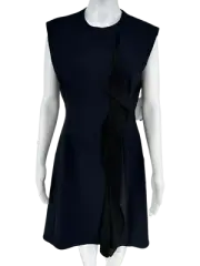 Christian Dior NNT Navy Black Satin Ruffle A Symmetrical Coat Dress. Size 44/12