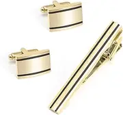 [VKEID] Men's Tie Clip Cufflinks Set Gold Stripe Glossy Brushed Metal Cufflinks Tie Clip Set Men's Cufflinks Set