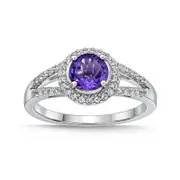 6.0mm Amethyst and White Topaz Frame Split Shank Ring in Sterling Silver