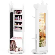Babyjoy Kids Jewelry Cabinet w/Full-Length Mirror 3-in-1 Swivel Jewelry Organizer Children Dress Up Cabinet White