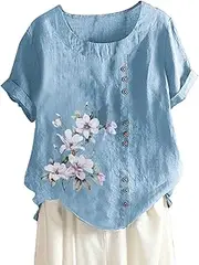 [Generic] Linen Blouse Women Blouse Tunic Women Summer Short Sleeve Plus Size Blouse Shirt Women Linen Cotton Shirt Tops
