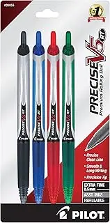PILOT Precise V5 RT Refillable & Retractable Liquid Ink Rolling Ball Pens, Extra Fine Point (0.5mm) Black/Blue/Red/Green Inks, 4-Pack (26055)
