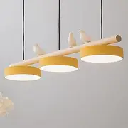 3 Light Modern LED Linear Pendant Light with Bird Decor, Three Colors of Light Wooden Hanging Chandelier, Height Adjustable Ceiling Light for Kitchen Island Dining Room (Yellow,80CM)