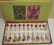 Arts Trademark Lot of Gilt Forks & Spoons Boxed Set of 10 Enamel Decoration MIB