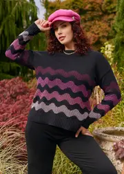 [Virtuelle] Taking Shape Waves Stripe Jumper Size 18 in Black, Cotton - Plus Size Women's Knitwear Black