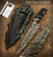 IMPACT CUTLERY RARE CUSTOM DAMASCUS CHEF CLEAVER BOWIE KNIFE BULL HORN HANDLE