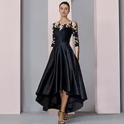 A-Line Mother of the Bride Dress Wedding Guest Elegant High Low Scoop Neck Asymmetrical Tea Length Satin Lace 3/4 Length Sleeve with Pleats Appliques 2025 free